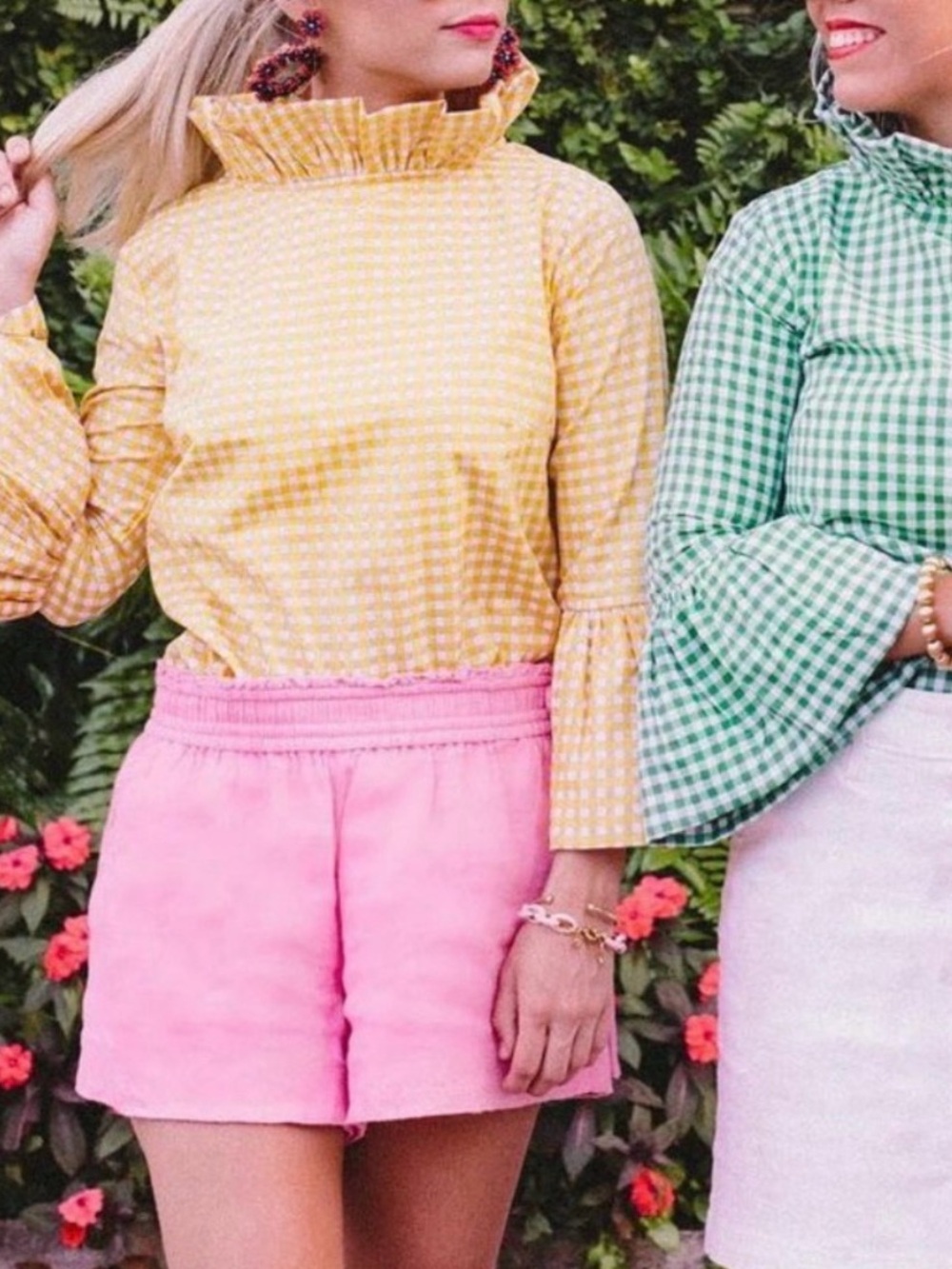 Yellow Gingham Ruffle-Neck Blouse